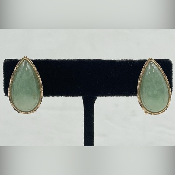 Jewelry - 14k Yellow Gold Teardrop Bezel Jadeite Omega Back Earrings 5.25g